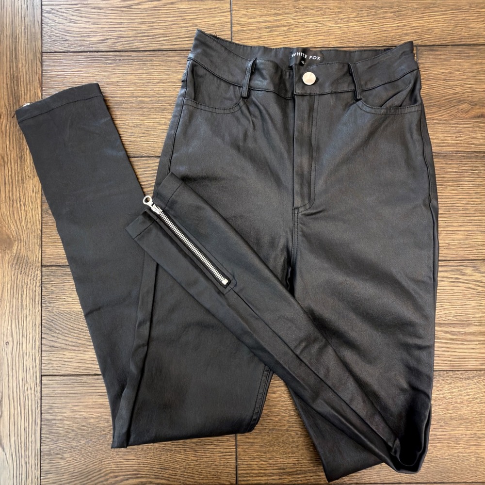 White Fox Womens XS‎ Black Coated High Waisted Skinny Pants Ankle Zip Moto Slim